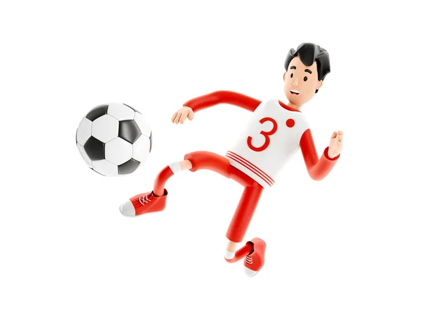 Personaje de dibujos animados de fútbol o jugador de fútbol con una pelota aislada sobre fondo blanco — Foto de Stock