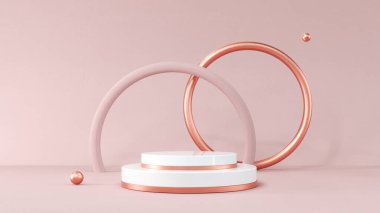 3D işlemeli altın podyum geometrisi kristallerle. Soyut Pastel pembe geometrik şekilli boş platform. Kozmetik sunumu için boş vitrin temel ürün görüntüsü. Yuvarlak sahneli kompozisyon.