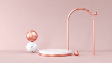 3D işlemeli altın podyum geometrisi kristallerle. Soyut Pastel pembe geometrik şekilli boş platform. Kozmetik sunumu için boş vitrin temel ürün görüntüsü. Yuvarlak sahneli kompozisyon.
