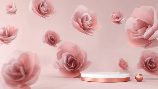 3D rendering gold podium geometry with crystals. Abstract Pastel pink geometric shape blank platform. Empty showcase pedestal product display for cosmetic presentation. Composition with round scene.