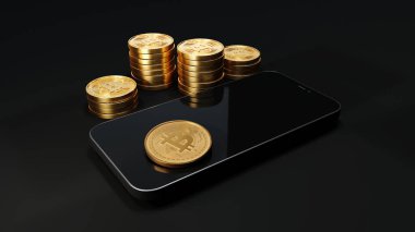 Blockchain cyptocurrency bitcoin btc akıllı telefonlu cep telefonu, bitcoin yığınlarının yanında cep telefonu, 3D görüntüleme
