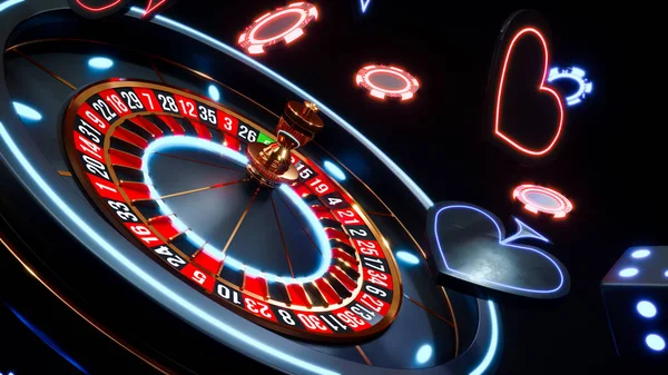 Casino background with neon roulette and chips falling 3d rendering