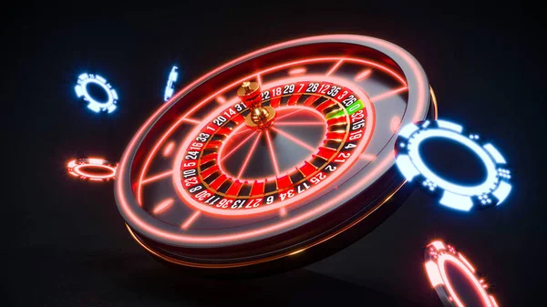 Fondo de Casino con ruleta de neón y chips que caen 3d renderizado —  Fotos de Stock