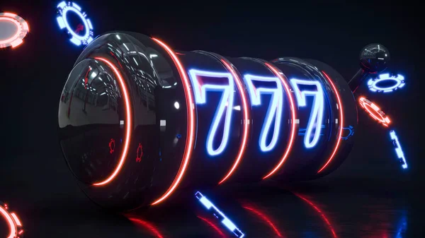 Casino achtergrond met neon roulette en chips vallen 3d rendering — Stockfoto