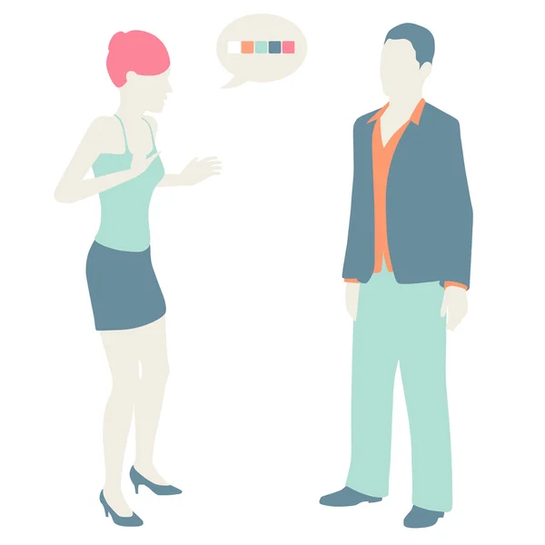 Perempuan dan Pria Berkomunikasi, desain datar, warna pastel - Stok Vektor