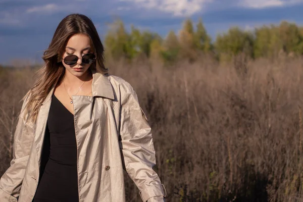 Brunette in modieuze trench jas, zwarte jurk en zonnebril in het veld. herfst, gele bladeren, blauwe lucht — Stockfoto