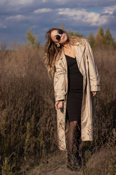 Brunette in modieuze trench jas, zwarte jurk en zonnebril in het veld. herfst, gele bladeren, blauwe lucht — Stockfoto