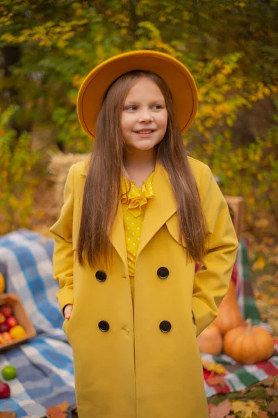 秋の装飾の横にあるオレンジの帽子 ドレス コートのかわいい十代のブルネットの女の子 カボチャ リンゴ 干し草 — ストック写真