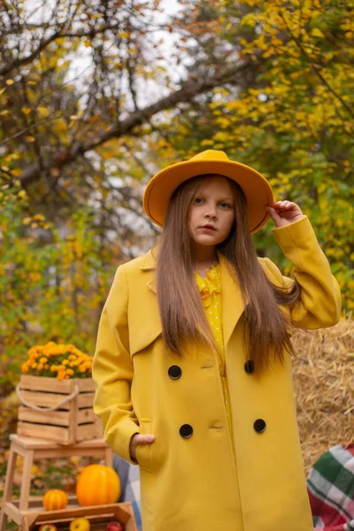 Roztomilý Krásný Dospívající Brunetka Dívka Oranžovém Klobouku Šaty Kabát Vedle — Stock fotografie