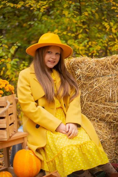 秋の装飾の横にあるオレンジの帽子 ドレス コートのかわいい十代のブルネットの女の子 カボチャ リンゴ 干し草 — ストック写真
