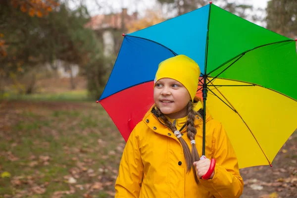 Cute Beautiful Teenage Girl Orange Pants Raincoat Hat Rainbow Colored — Stock Photo, Image