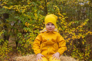 Turuncu pantolonlu, yağmurluklu, şapkalı, kauçuk çizmeli, samanların üzerinde oturan sevimli prematüre çocuk. Sıcacık sonbahar.