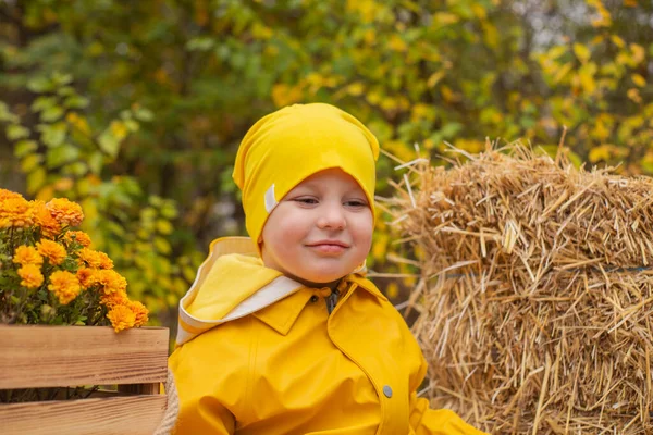 Lindo Niño Prescholer Hermosa Pantalón Naranja Impermeable Sombrero Botas Goma —  Fotos de Stock