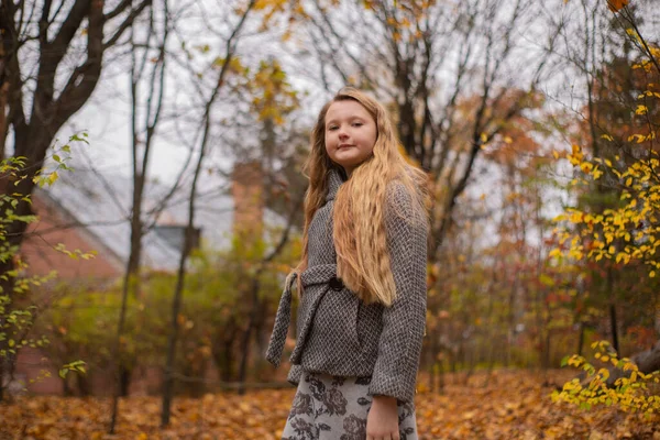 Портрет Милої Брюнетки Дівчини Підлітка Сірому Пальто Автентичному Лісі Затишок — стокове фото