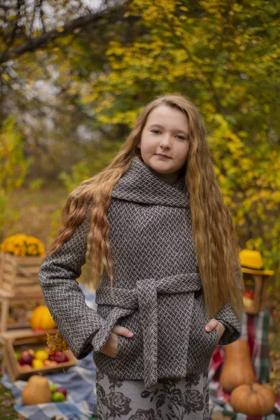 Linda Chica Adolescente Morena Abrigo Gris Cerca Elementos Otoño Decoración — Foto de Stock