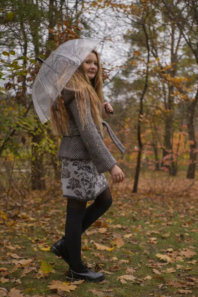 Turuncu Şapkalı Ceketli Şeffaf Şemsiyeli Güzel Esmer Kız Sıcacık Sonbahar — Stok fotoğraf