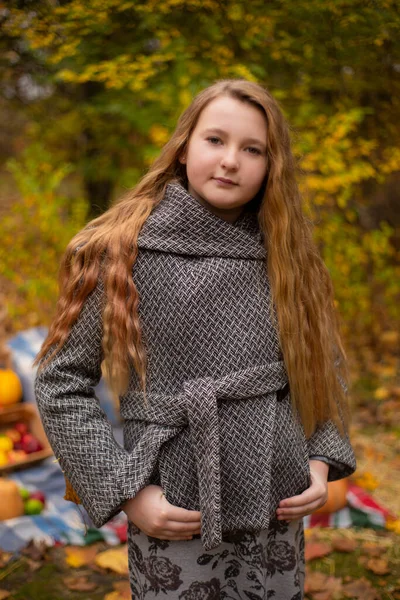 Mignonne Jeune Fille Brune Manteau Gris Près Décoration Des Éléments — Photo