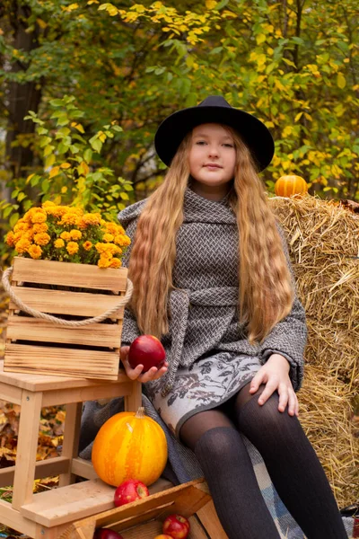 秋の要素の装飾の近くに黒の帽子とグレーのコートでかわいいブルネットの10代の女の子 カボチャ リンゴ 干し草 美人秋 — ストック写真