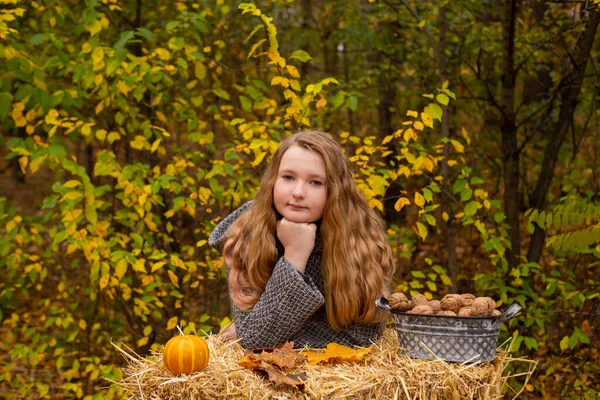 Roztomilá Brunetka Teen Dívka Šedém Kabátě Sena Koš Vlašských Ořechů — Stock fotografie