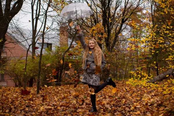 Mignonne Belle Adolescente Brune Dans Manteau Gris Tenant Parapluie Transparent — Photo