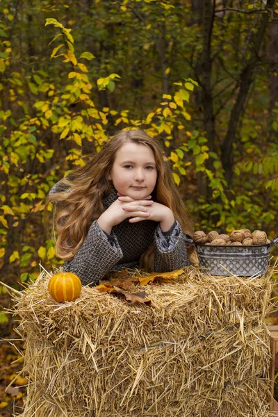 Schattig Brunette Tiener Meisje Grijze Jas Buurt Van Hooi Een — Stockfoto