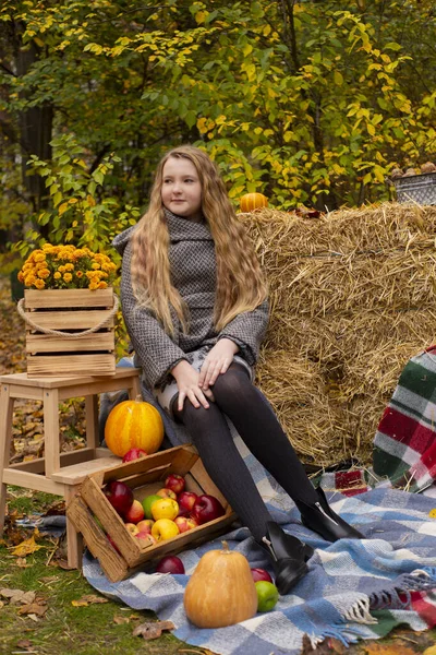 Roztomilá Brunetka Teen Dívka Šedém Kabátě Blízkosti Podzimních Prvků Dekorace — Stock fotografie