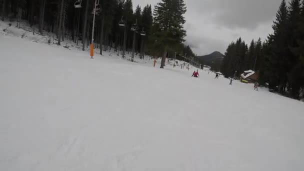 Skiën Skigebied Wintervakantie Weekendvakanties Besneeuwde Bergen Mist Subjectieve Dynamische Camera — Stockvideo