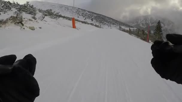 スキーだ スキー場 冬の休暇 週末の休日 雪霧の中で山のキャップ 主観的なダイナミックカメラ 誰も知らない スロバキア ヤスナ フルHd映像 — ストック動画