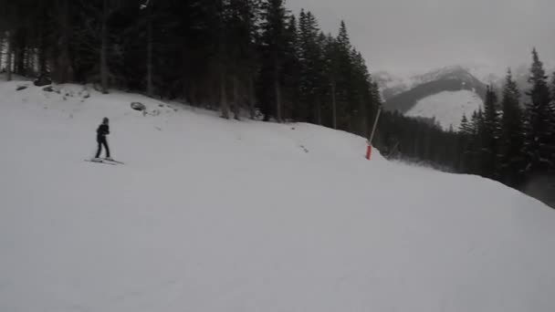 スキーだ スキー場 冬の休暇 週末の休日 雪霧の中で山のキャップ 主観的なダイナミックカメラ 誰も知らない スロバキア ヤスナ フルHd映像 — ストック動画