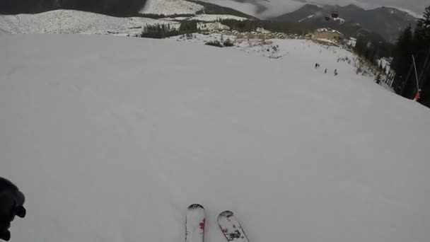 Skiën Skigebied Wintervakantie Weekendvakanties Besneeuwde Bergen Mist Subjectieve Dynamische Camera — Stockvideo