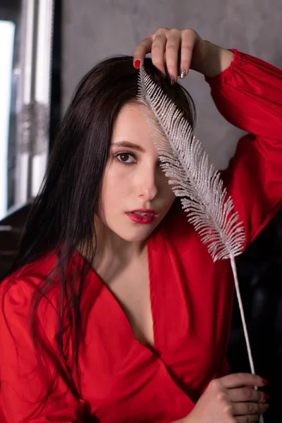 Retrato Mujer Morena Atractiva Blusa Roja Con Una Gran Pluma —  Fotos de Stock