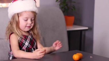 Gri odada Mandarin Clementine olan kırmızı kareli elbiseli sevimli küçük kız. Yeni yıl, çocukluk, Noel. Tam HD görüntü.