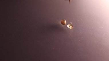 Kahverengi arka planda altın raptiyeler. Kırtasiye konsepti. kopyalama alanı. İzole. Yüksek kaliteli FullHD görüntüler