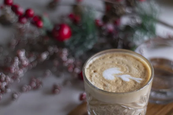 Cup Coffee Latte Cappuccino Glass Water Tray Decorative Red Branches — Stock Photo, Image