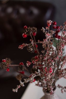 Süslü kırmızı dallar. İç mekan, rahat. Klasik natürmort. Boşluğu kopyala. 