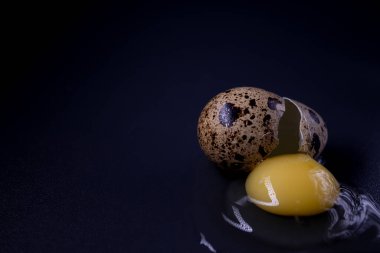 Kırık bıldırcın yumurtası siyah arka planda izole edilmiş, beyaz ve sarısı akıyor. sağlıklı çiğ yemek.