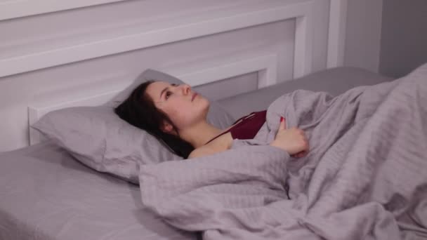 Sensual Beautiful Brunette Woman Bed Gray Sheets Sleeping Having Dreams — Stock Video