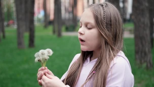 Porträtt av en vacker tonårstjej som blåser på den mogna maskrosen i en vår- eller sommarpark. slow motion-video — Stockvideo