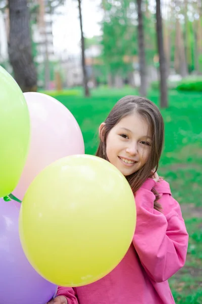 Dulce Chica Morena Rosa Sosteniendo Globos Colores Aire Libre Fiesta —  Fotos de Stock