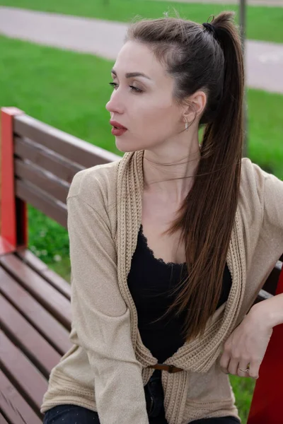 Портрет брюнетки с понирейлом, сидящей на скамейке в парке. любители природы, привлекательная девушка. — стоковое фото