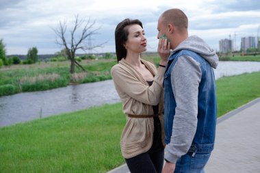 cute tender loving couple. Brunette woman and bald man. husband and wife, true love, relationship