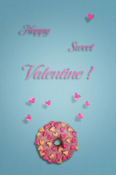 One Tasty Glazed Pink Doughnut Marshmallow Hearts Few Hearts Flying — Stock Photo, Image