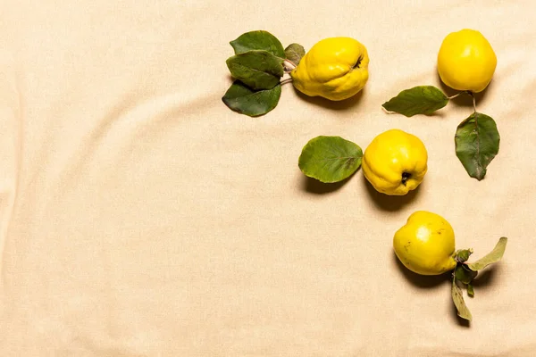 Cuatro Manzanas Amarillas Membrillo Orgánico Con Hojas Material Lino Color — Foto de Stock