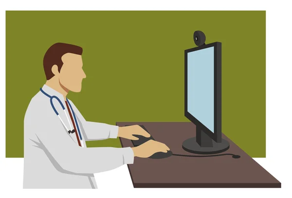 Doctor trabajando en su computadora — Vector de stock