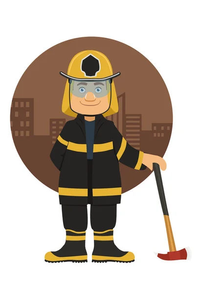 Bombero sonriendo y sosteniendo hacha — Vector de stock