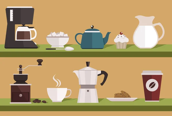 Equipo de café en la cocina — Vector de stock