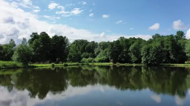 Malowniczy Krajobraz Naturalny Woda Zielone Drzewa Niebo Słoneczny Letni Dzień — Wideo stockowe