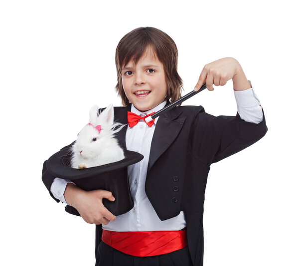 Young magician boy with cute rabbit in his magic hat