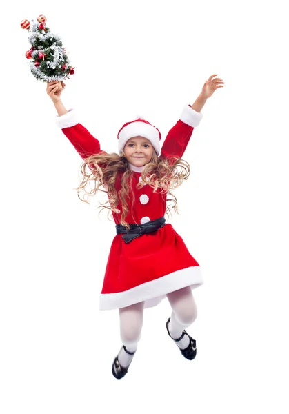 Little santa helper girl jumping - isolated — Stock Photo, Image