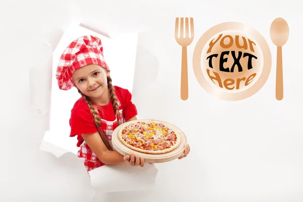 Little chef offering you a fresh pizza — Stock Photo, Image